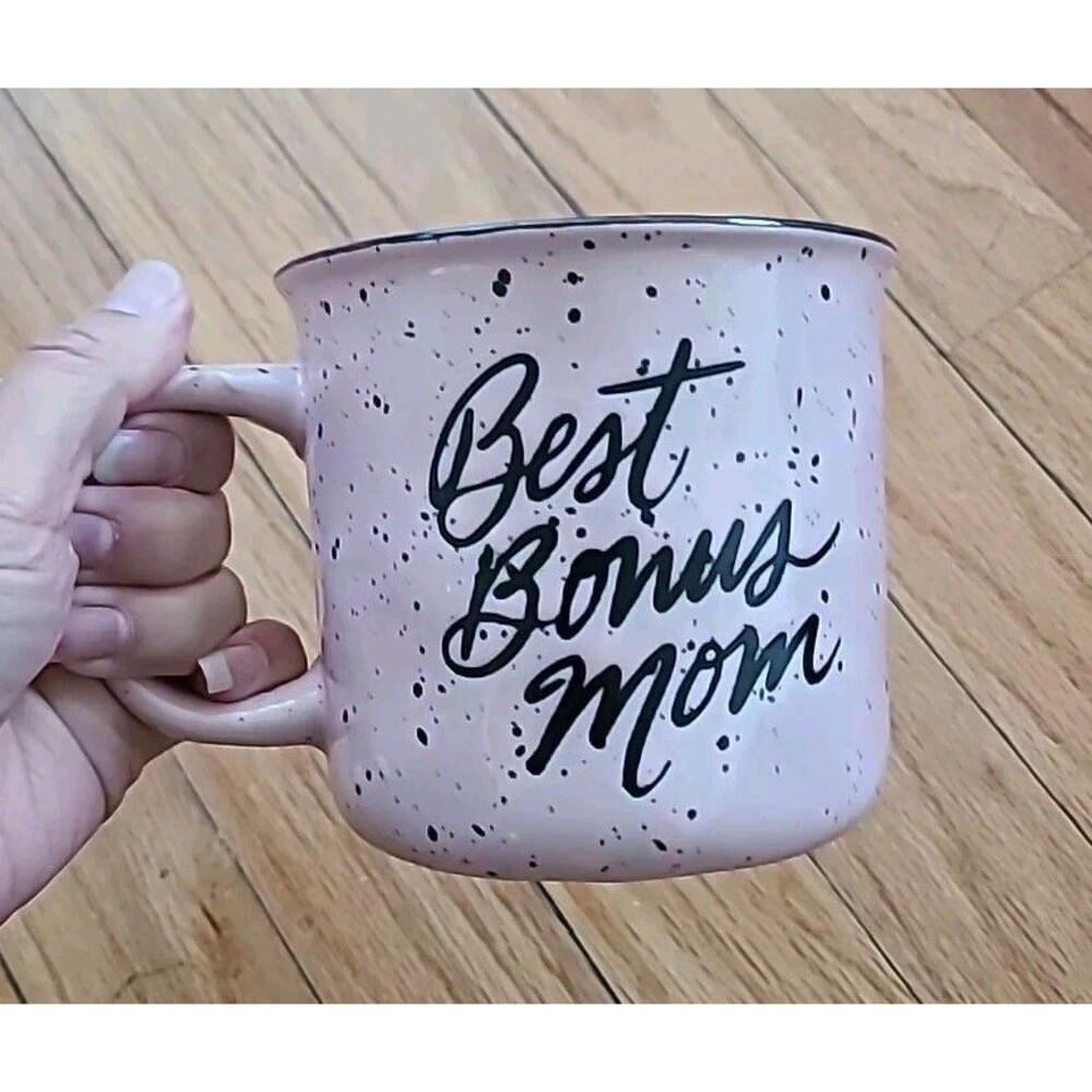 Best Bonus Mom* Large Mug*Glazed Ceramic Two Side Text*Pink Speckled